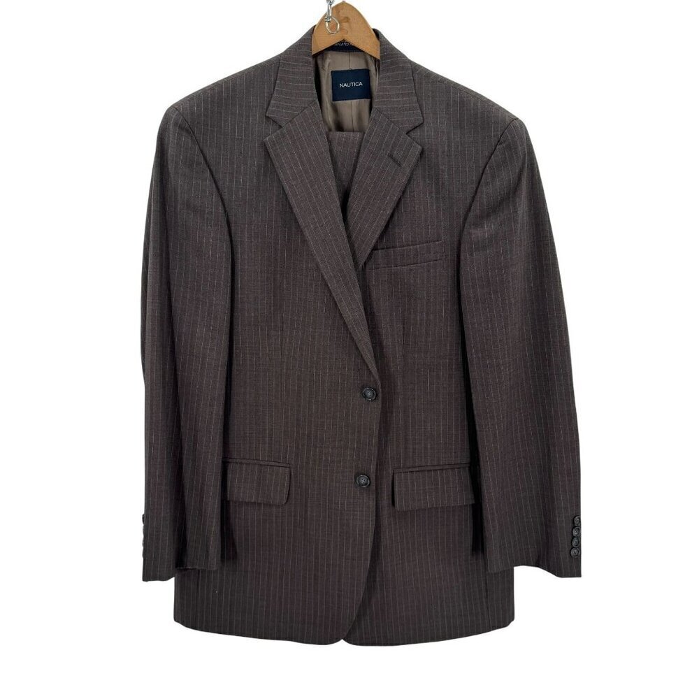 Nautica Mens Two Piece Suit Gray Pinstripe Classic Fit Size 42L